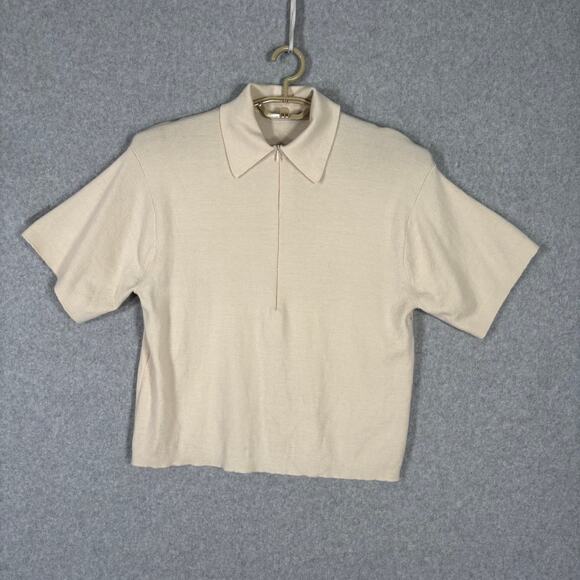 CO Sweater Womens XS Ivory Merino Wool Knit Short Sleeve 1/4 Zip Minimal Capsule